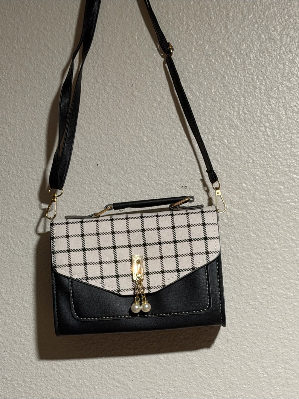 Black and White Check Crossbody Handbag with Pearl Charm